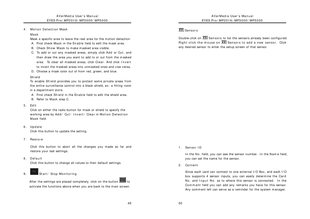 AVerMedia Technologies MP3000, MP2016, MP5000 user manual Shield, Edit, Start/ Stop Monitoring, Sensor ID, Content 