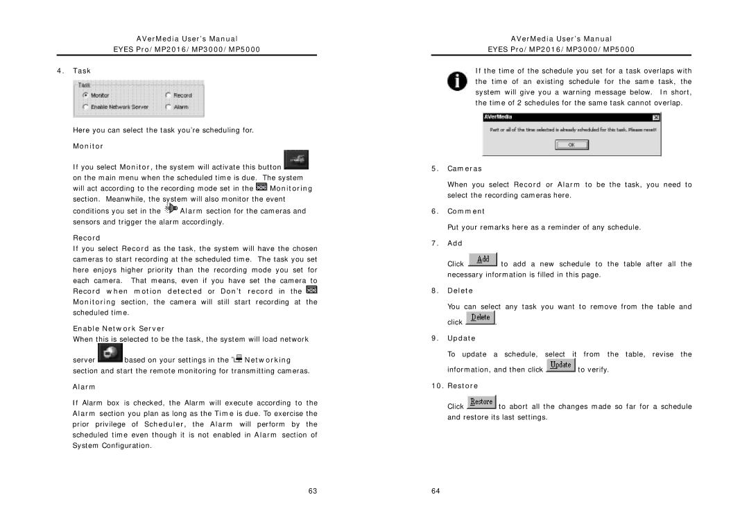 AVerMedia Technologies AVerMedia User’s Manual Eyes Pro/MP2016/MP3000/MP5000 Task, Monitor, Record, Alarm, Add, Delete 