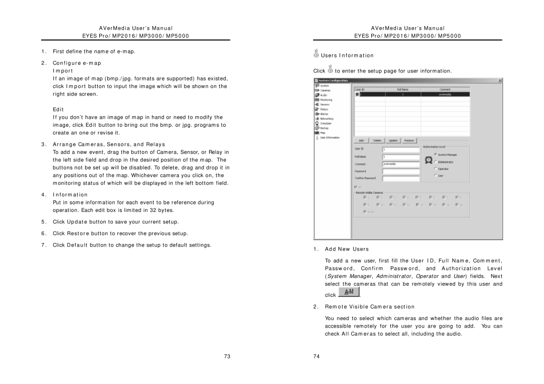 AVerMedia Technologies MP3000 Configure e-map Import, Arrange Cameras, Sensors, and Relays, Information, Add New Users 
