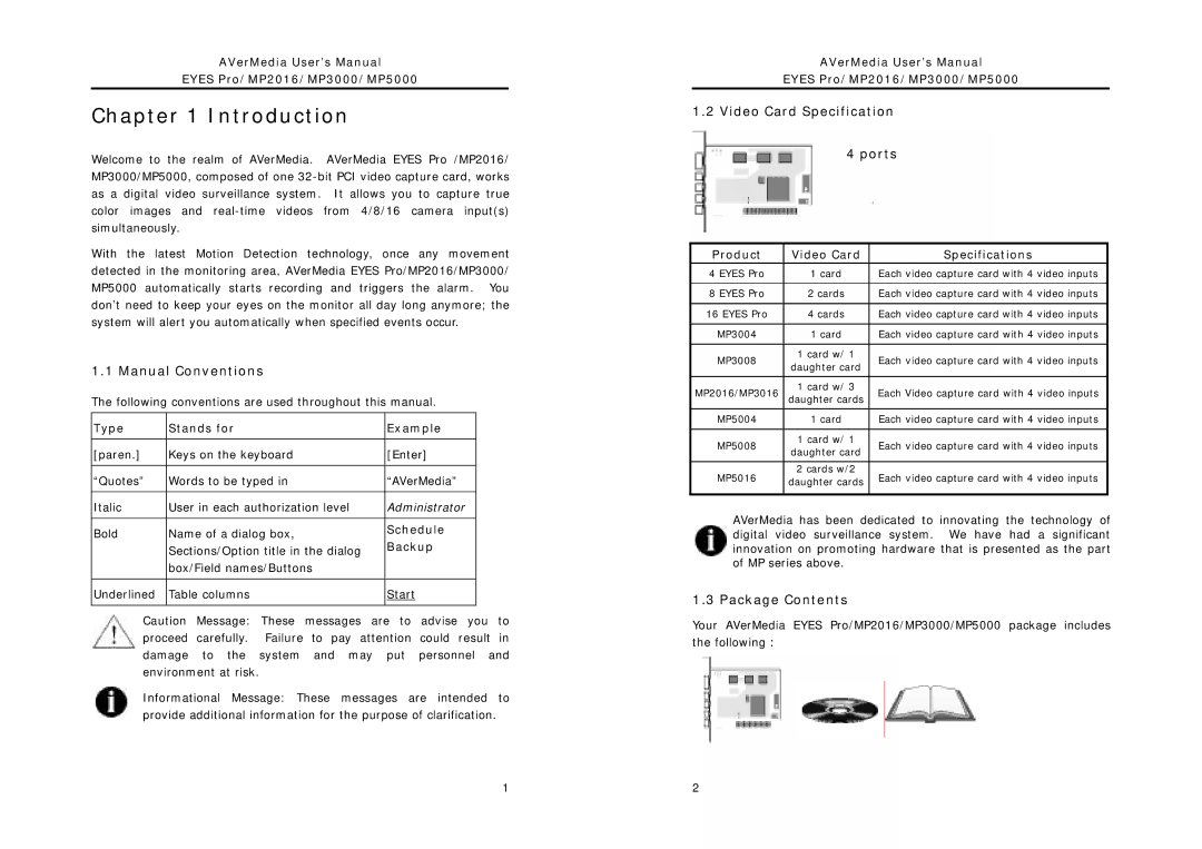 AVerMedia Technologies MP3000, MP2016 Introduction, Manual Conventions, Video Card Specification 4 ports, Package Contents 