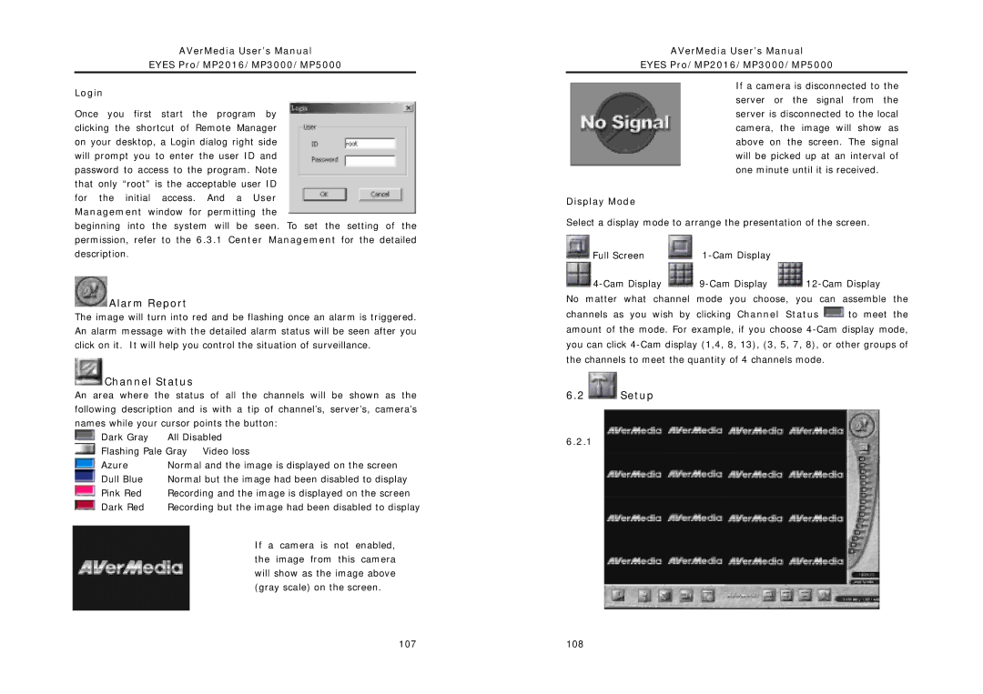 AVerMedia Technologies MP5000, MP2016, MP3000 user manual Alarm Report, Channel Status, Setup, Display Mode 