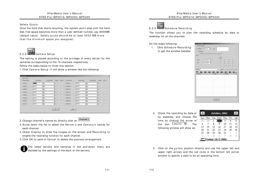 AVerMedia Technologies MP2016, MP5000, MP3000 user manual Camera Setup 