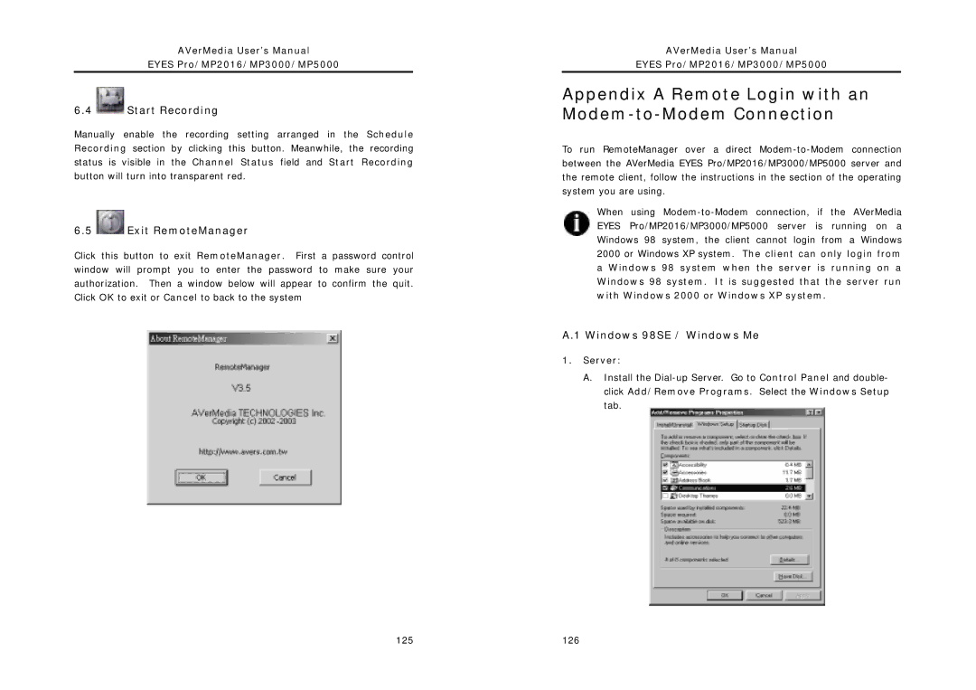 AVerMedia Technologies MP5000, MP2016, MP3000 Appendix a Remote Login with an Modem-to-Modem Connection, Start Recording 