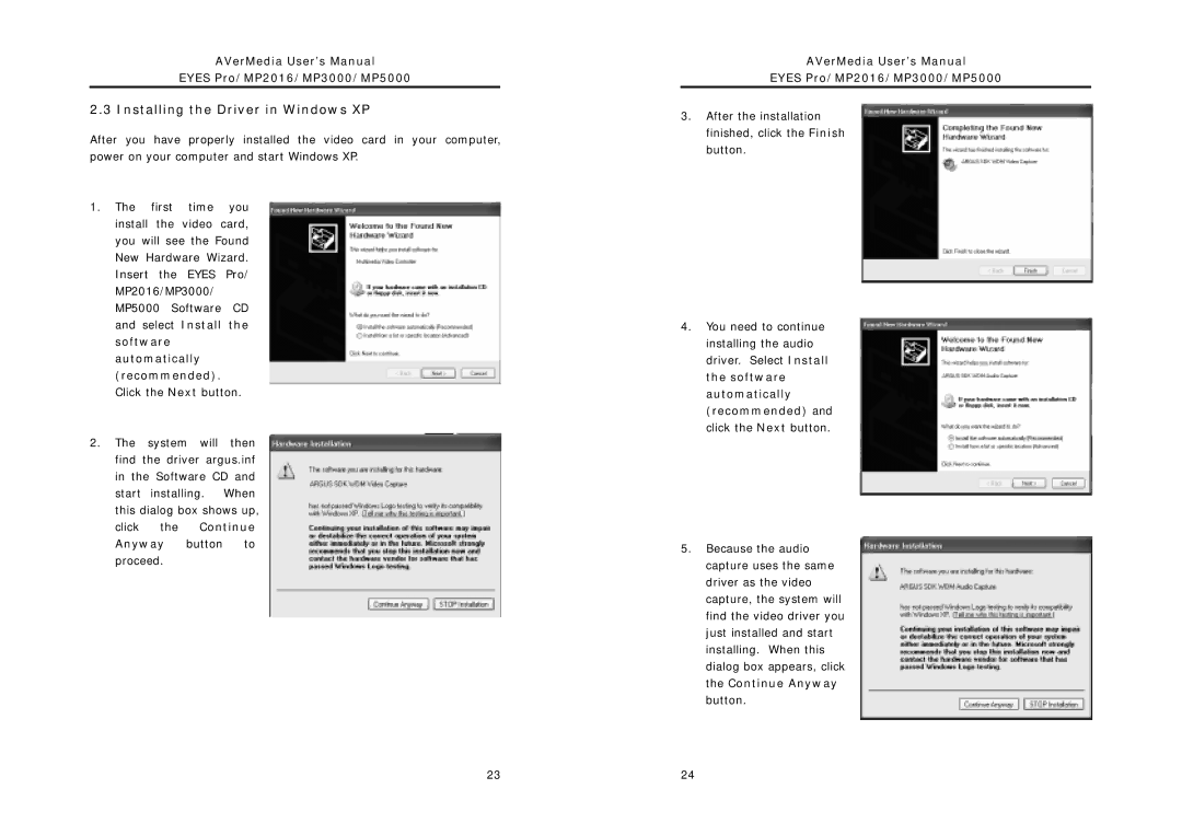 AVerMedia Technologies MP5000, MP2016, MP3000 user manual Installing the Driver in Windows XP 