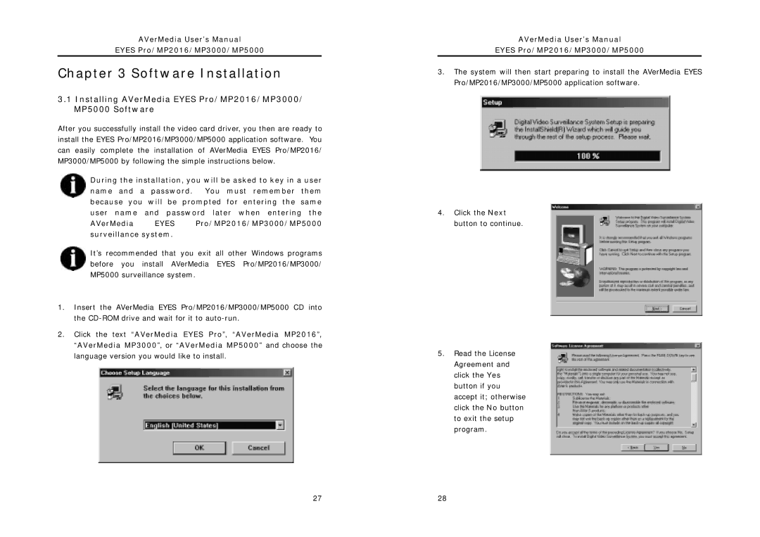 AVerMedia Technologies user manual Software Installation, AVerMedia Eyes Pro/MP2016/MP3000/MP5000 surveillance system 