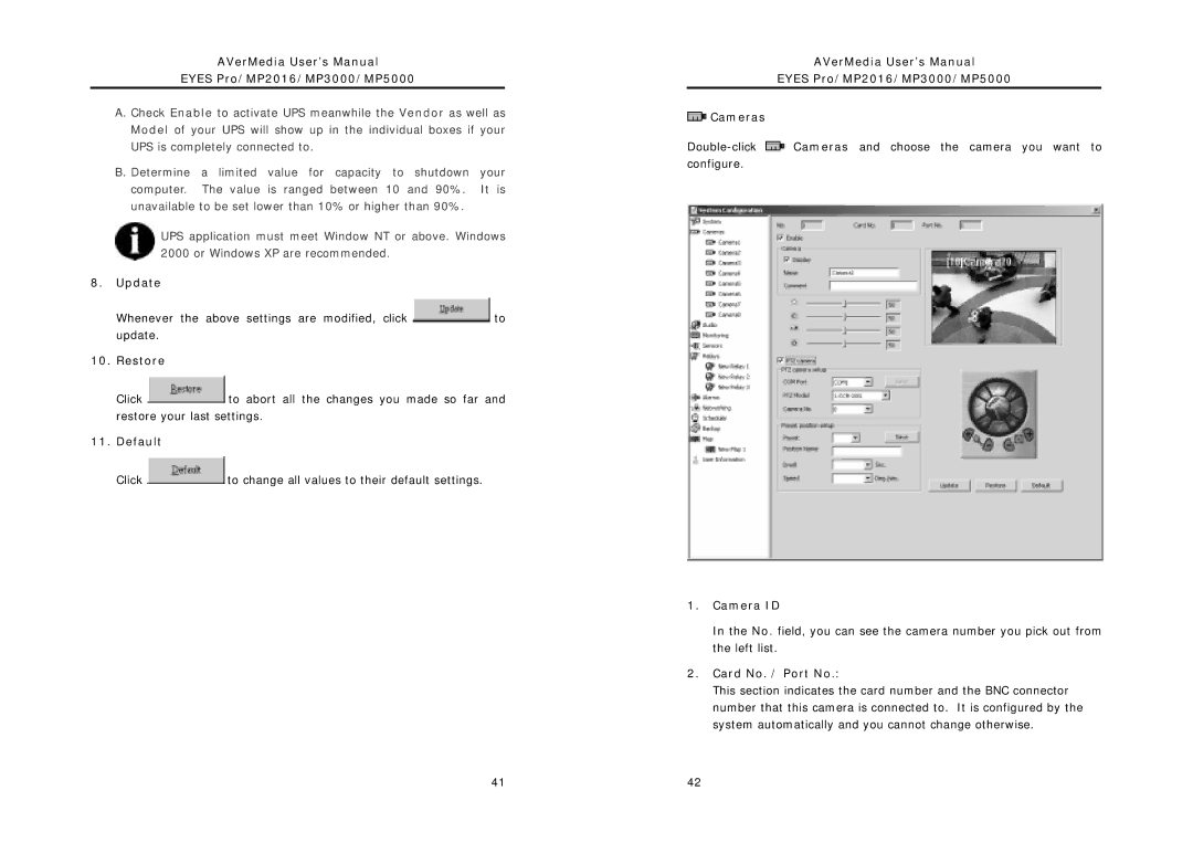 AVerMedia Technologies MP5000, MP2016, MP3000 user manual Update, Restore, Default, Camera ID, Card No. / Port No 