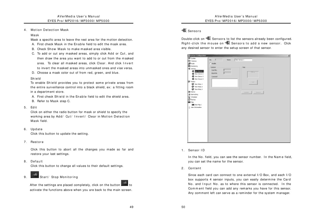 AVerMedia Technologies MP3000, MP2016, MP5000 user manual Shield, Edit, Start/ Stop Monitoring, Sensor ID, Content 