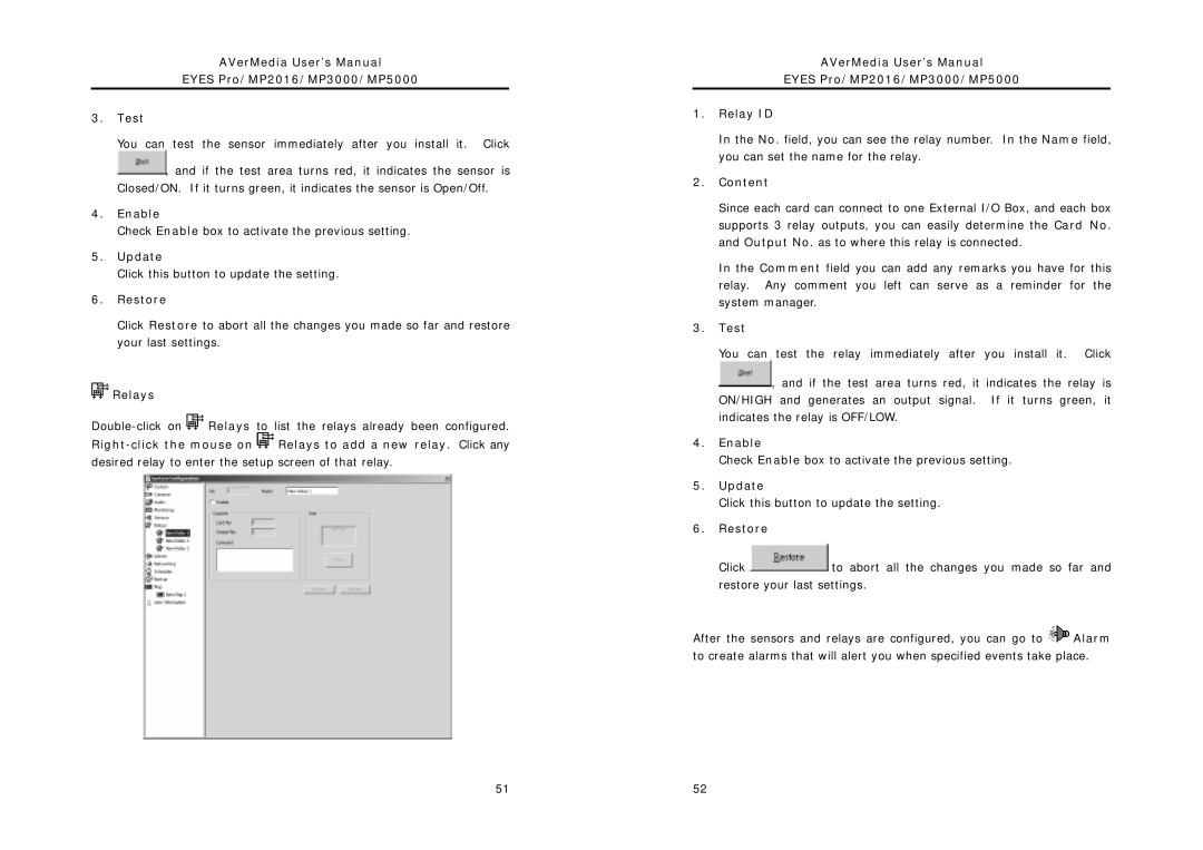 AVerMedia Technologies user manual AVerMedia User’s Manual Eyes Pro/MP2016/MP3000/MP5000 Test, Relays 