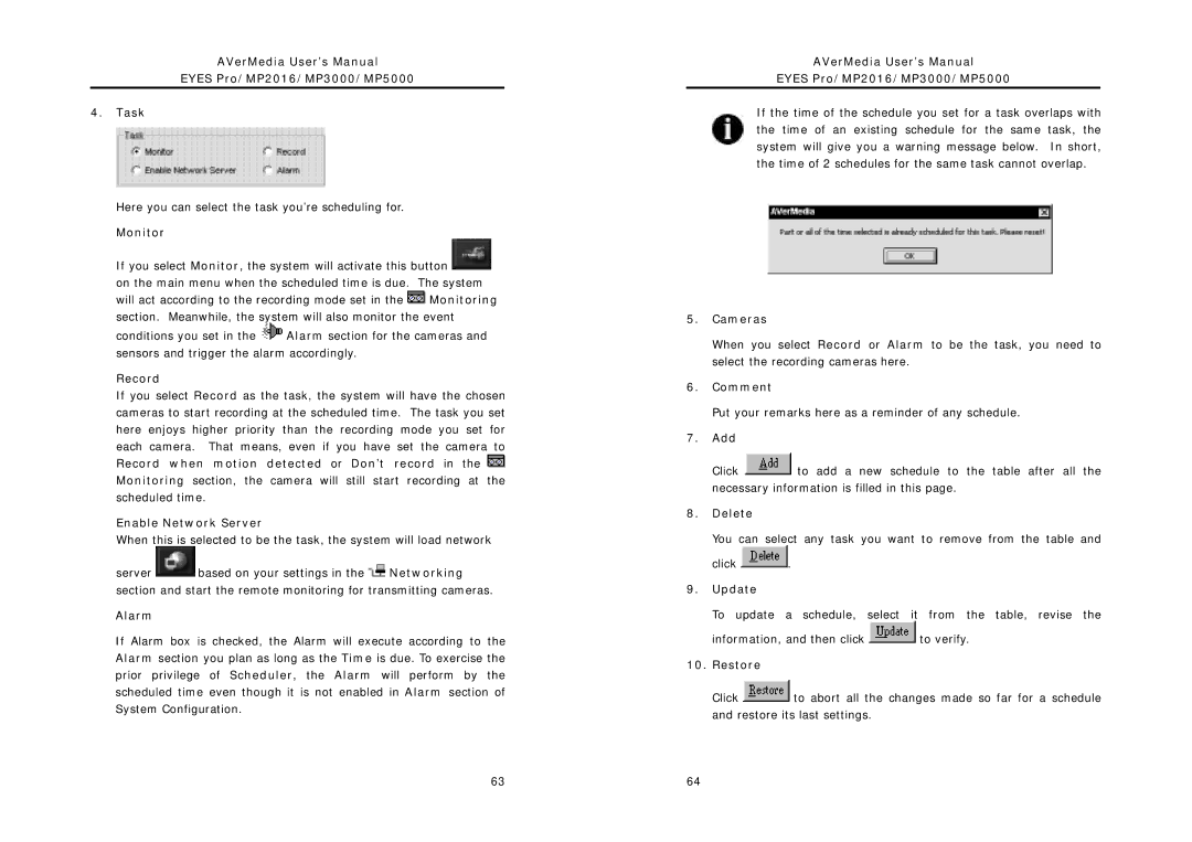 AVerMedia Technologies AVerMedia User’s Manual Eyes Pro/MP2016/MP3000/MP5000 Task, Monitor, Record, Alarm, Add, Delete 