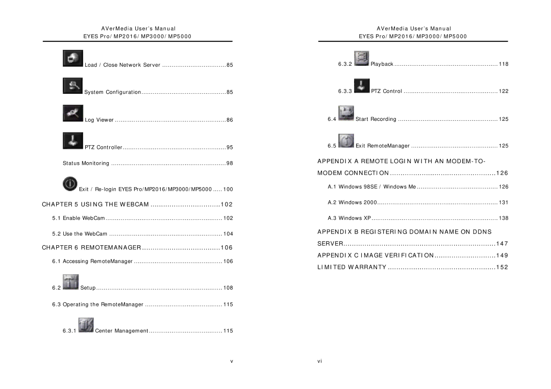 AVerMedia Technologies MP5000, MP2016, MP3000 user manual 102, 106, 126, 147, 149, 152 