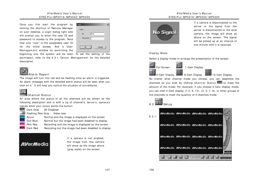 AVerMedia Technologies MP5000, MP2016, MP3000 user manual Alarm Report, Channel Status, Setup, Display Mode 