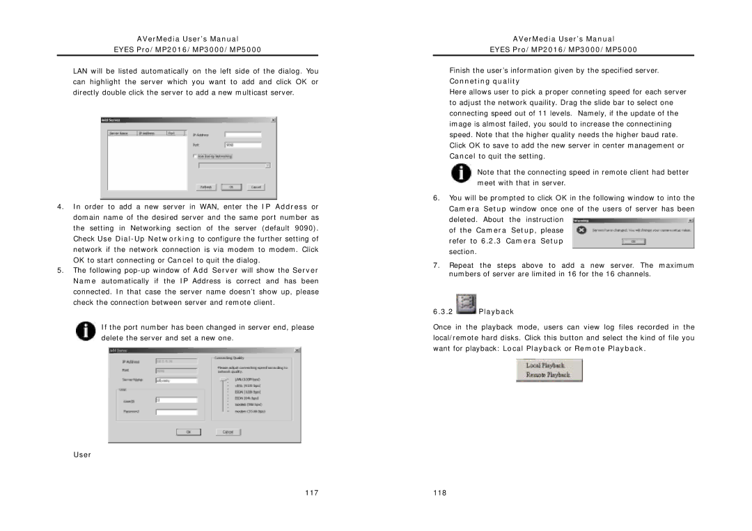 AVerMedia Technologies User AVerMedia User’s Manual Eyes Pro/MP2016/MP3000/MP5000, Conneting quality, Playback 