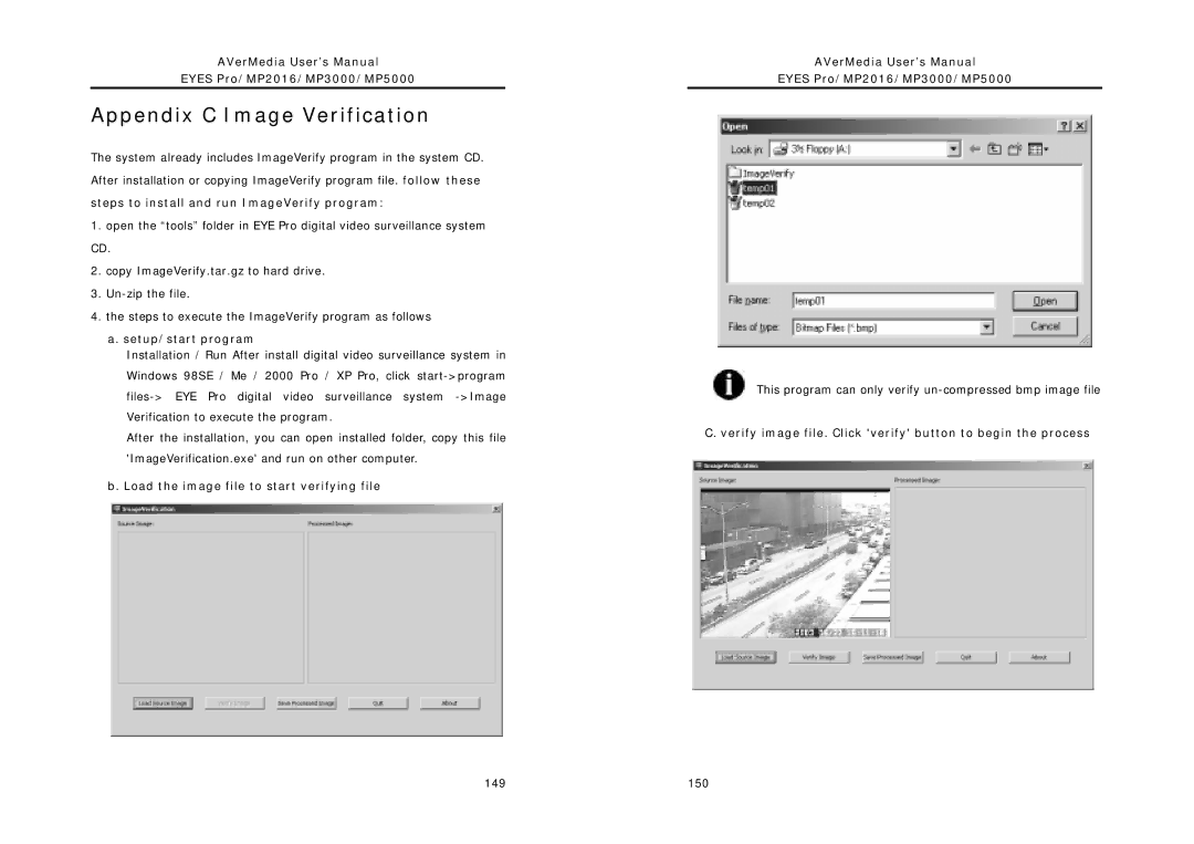 AVerMedia Technologies MP5000, MP2016, MP3000 Appendix C Image Verification, Steps to install and run ImageVerify program 