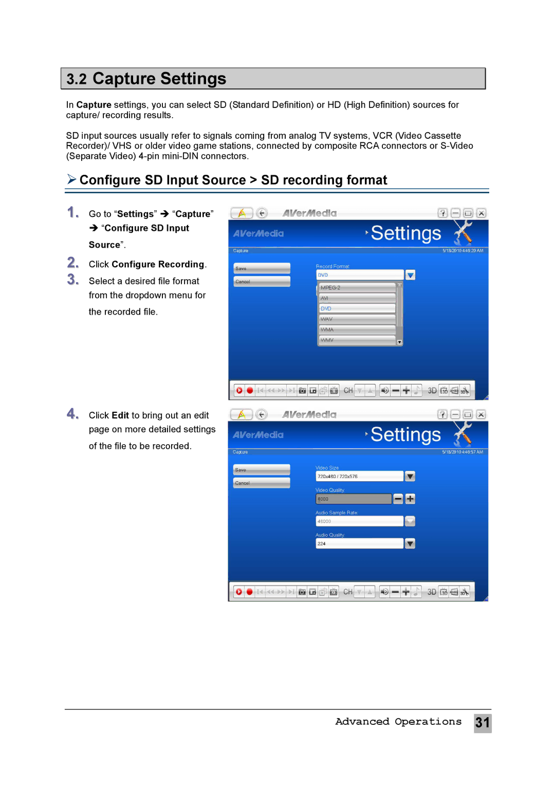 AVerMedia Technologies MTVHDDVRR user manual Capture Settings,  Configure SD Input Source SD recording format 