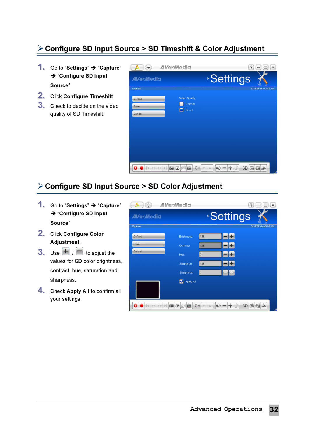 AVerMedia Technologies MTVHDDVRR user manual  Configure SD Input Source SD Timeshift & Color Adjustment 