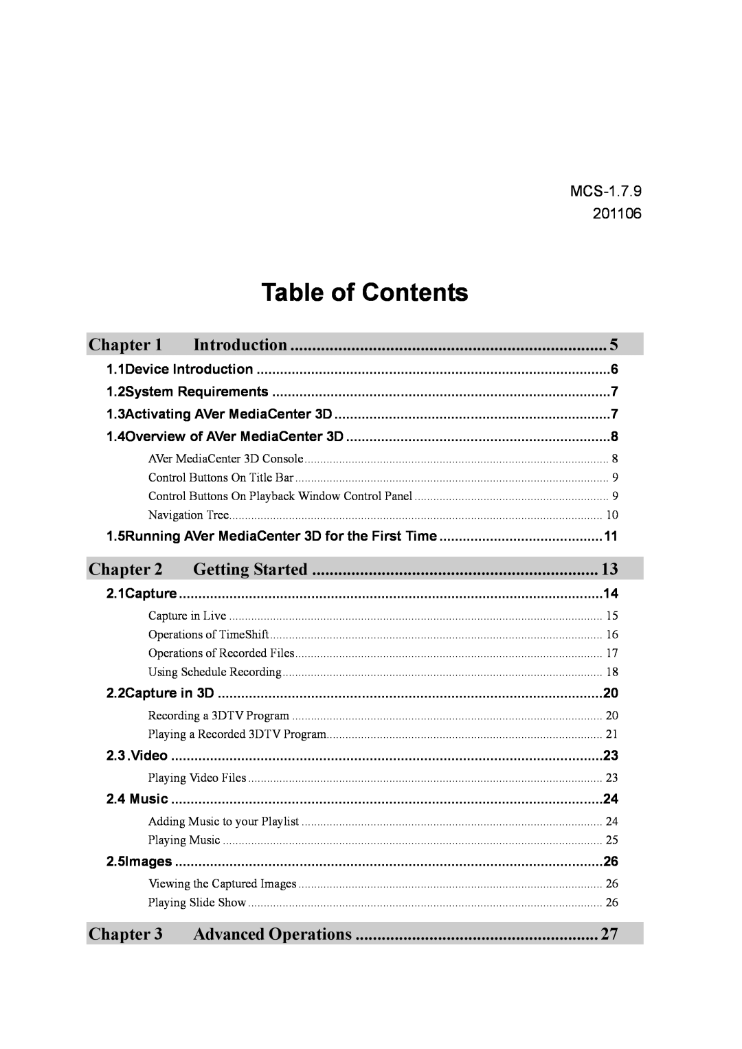 AVerMedia Technologies MTVHDDVRR Chapter, Table of Contents, Introduction, Getting Started, Advanced Operations, Video 