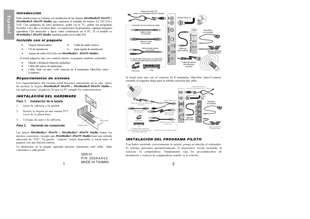AVerMedia Technologies none manual Instalación DEL Hardware, Instalación DEL Programa Piloto 
