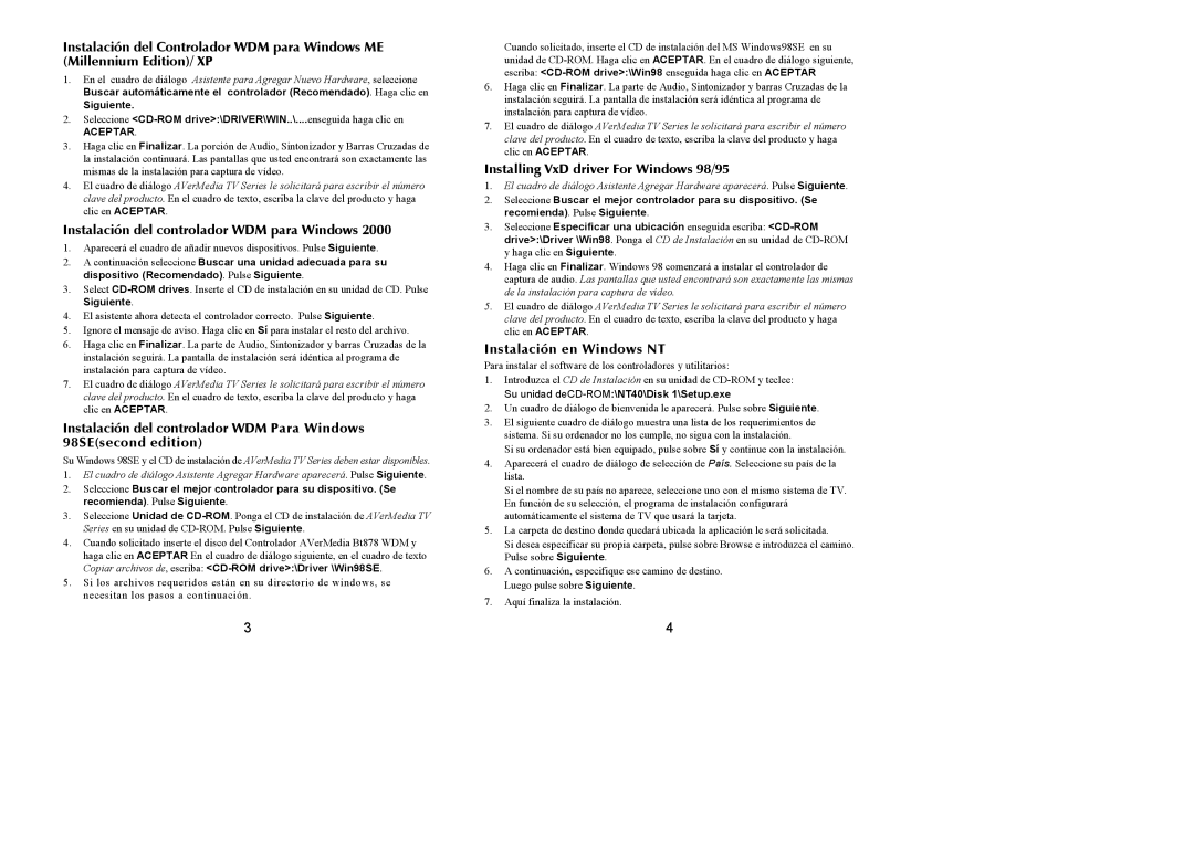 AVerMedia Technologies none manual Instalación del controlador WDM para Windows, Instalación en Windows NT 