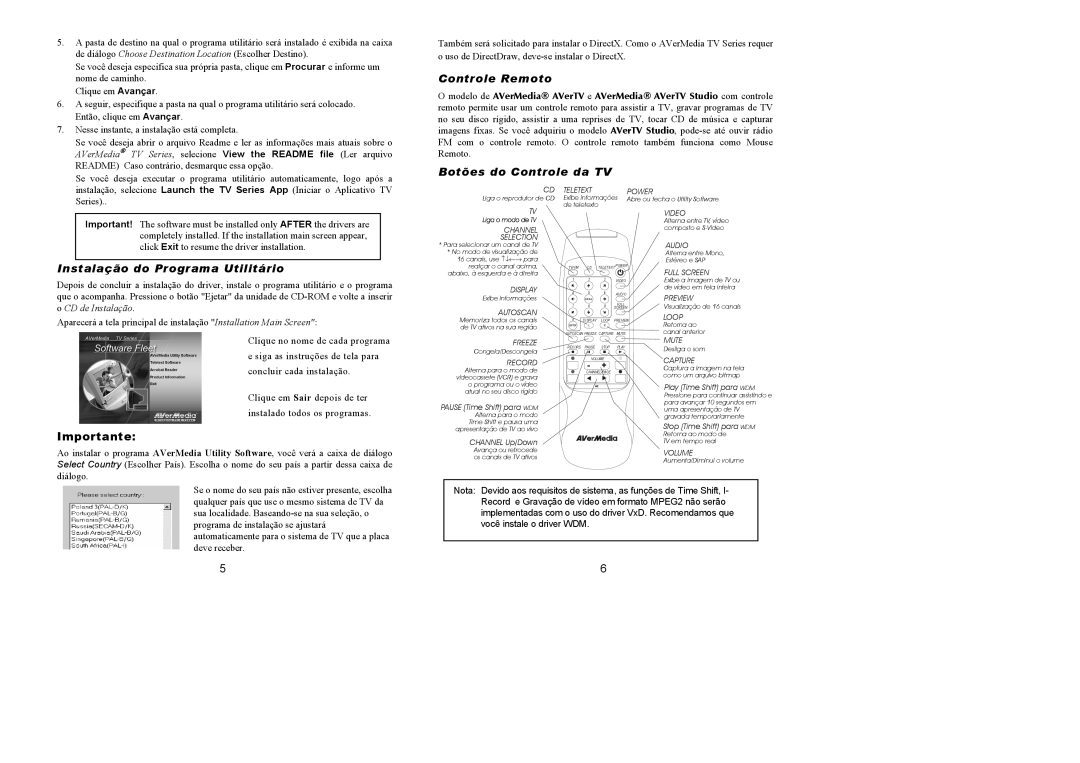 AVerMedia Technologies none manual Controle Remoto, Botões do Controle da TV, Instalação do Programa Utilitário, Importante 