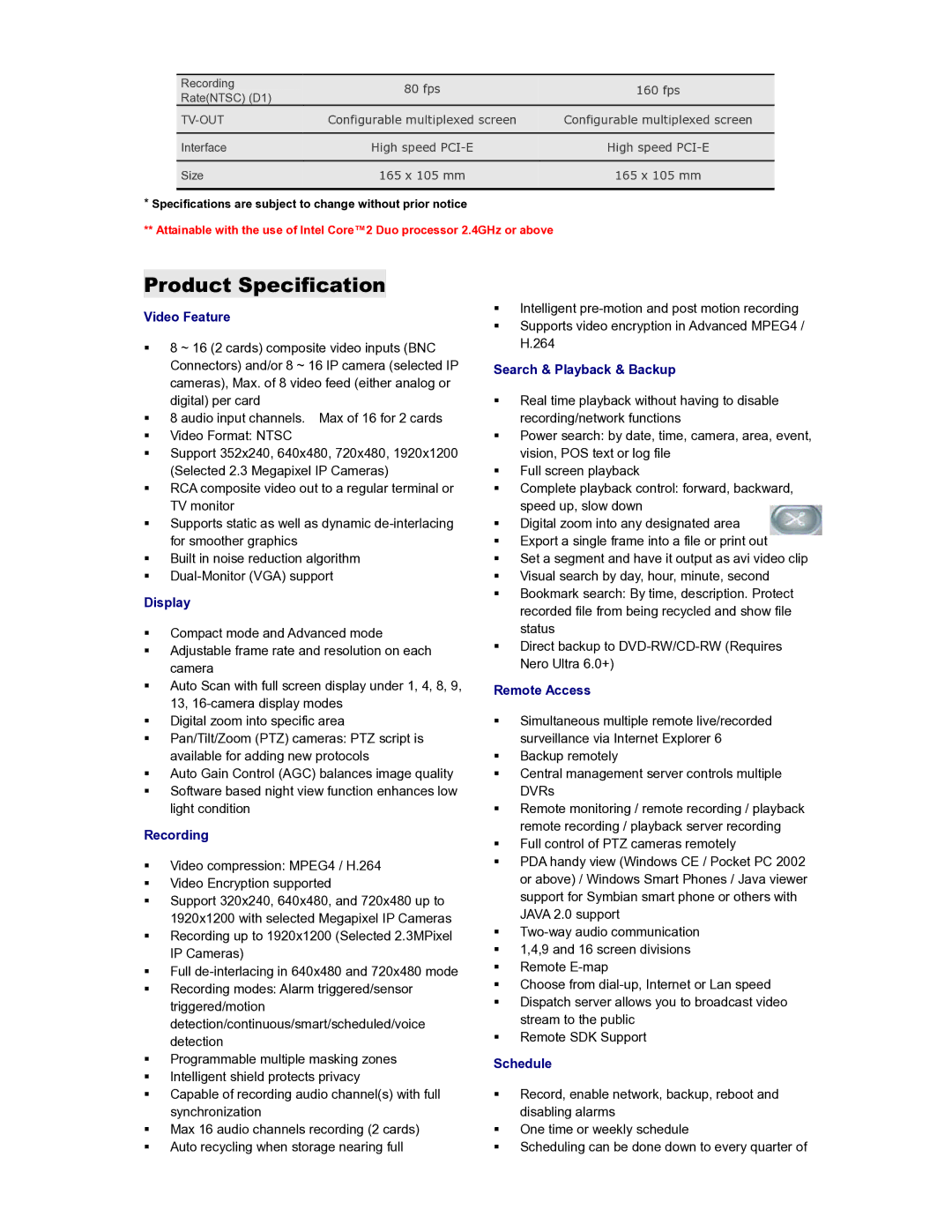 AVerMedia Technologies NV6240EXPRESS 8CH manual Product Specification 