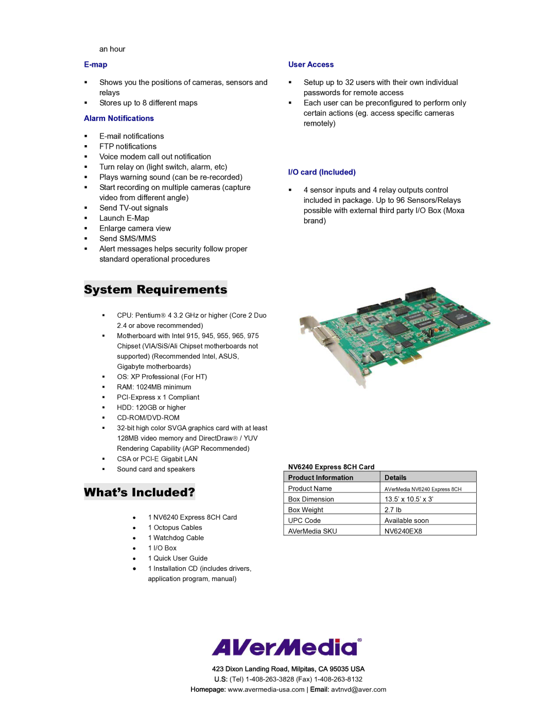 AVerMedia Technologies NV6240EXPRESS 8CH manual System Requirements, What’s Included? 