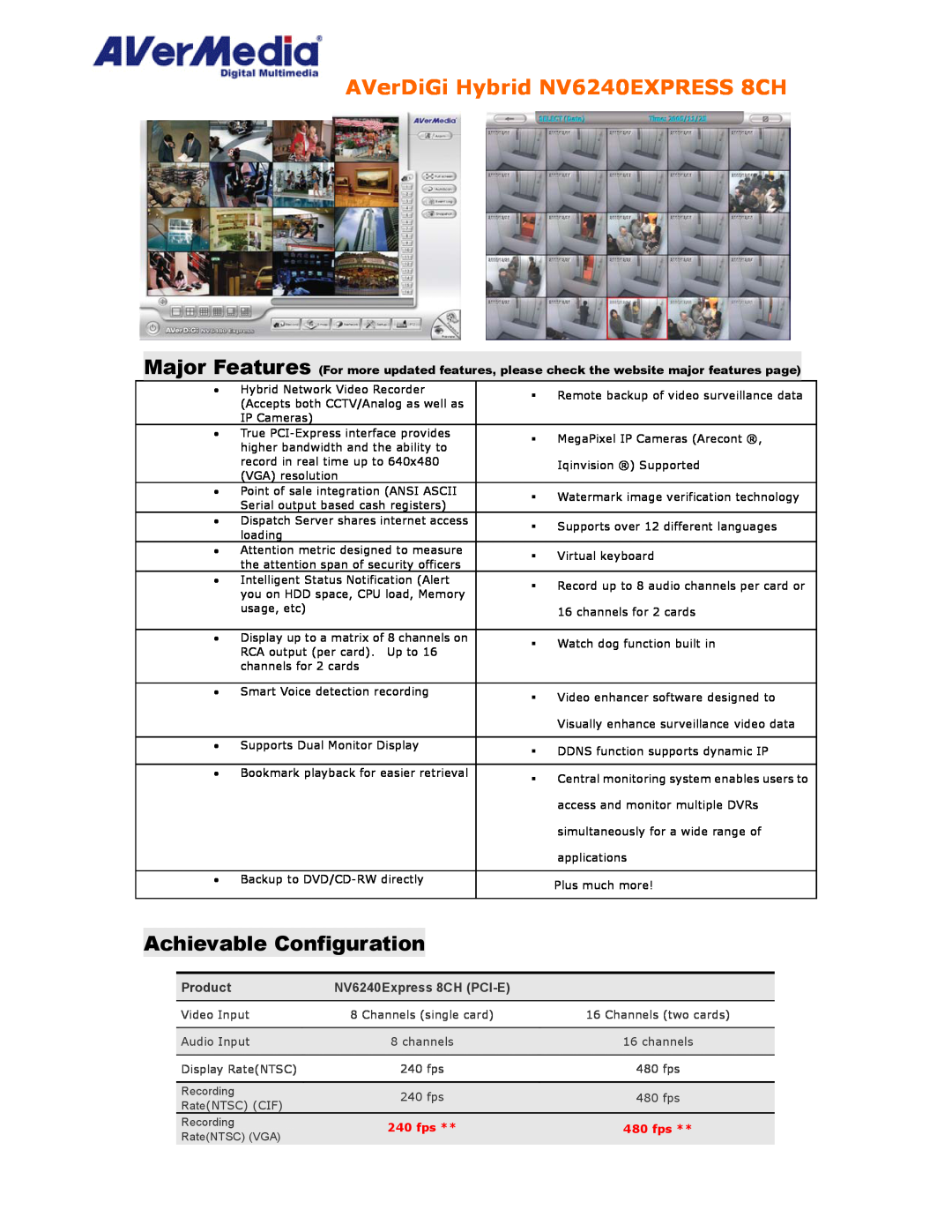 AVerMedia Technologies manual AVerDiGi Hybrid NV6240EXPRESS 8CH, Achievable Configuration, Product, Recording, 240 fps 