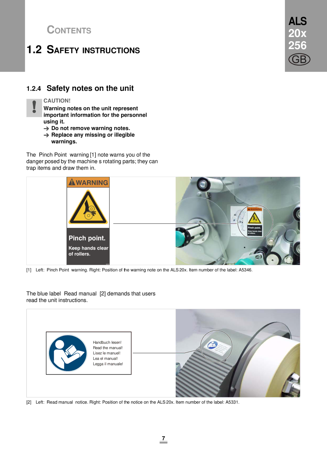 Avery 256, 204, 206 manual Safety notes on the unit, Pinch point 