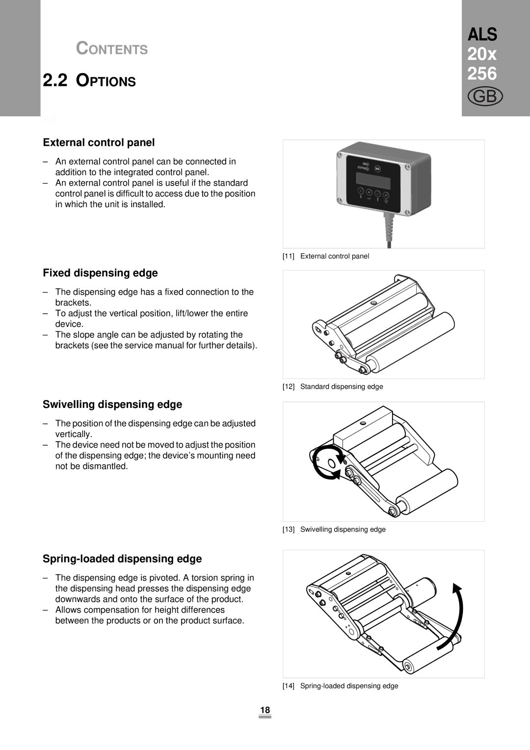 Avery 206, 204, 256 manual Options, External control panel, Fixed dispensing edge, Swivelling dispensing edge 