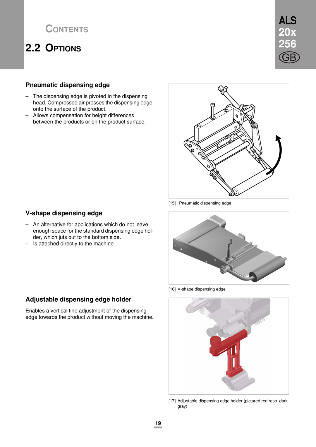 Avery 256, 204, 206 manual Pneumatic dispensing edge, Shape dispensing edge, Adjustable dispensing edge holder 