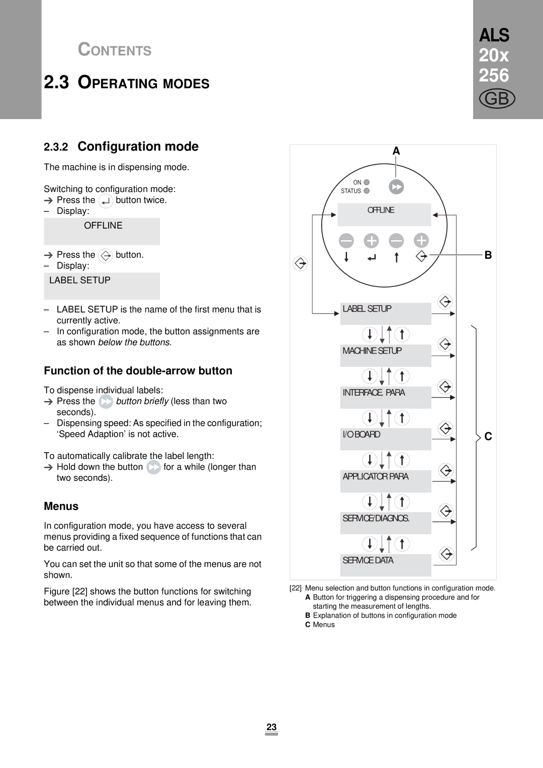 Avery 204, 206, 256 manual Configuration mode, Function of the double-arrow button, Menus 