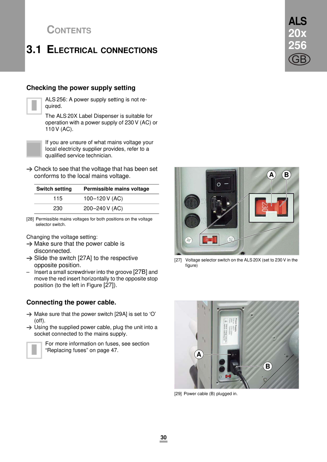 Avery 206, 204, 256 Checking the power supply setting, Connecting the power cable, Switch setting Permissible mains voltage 