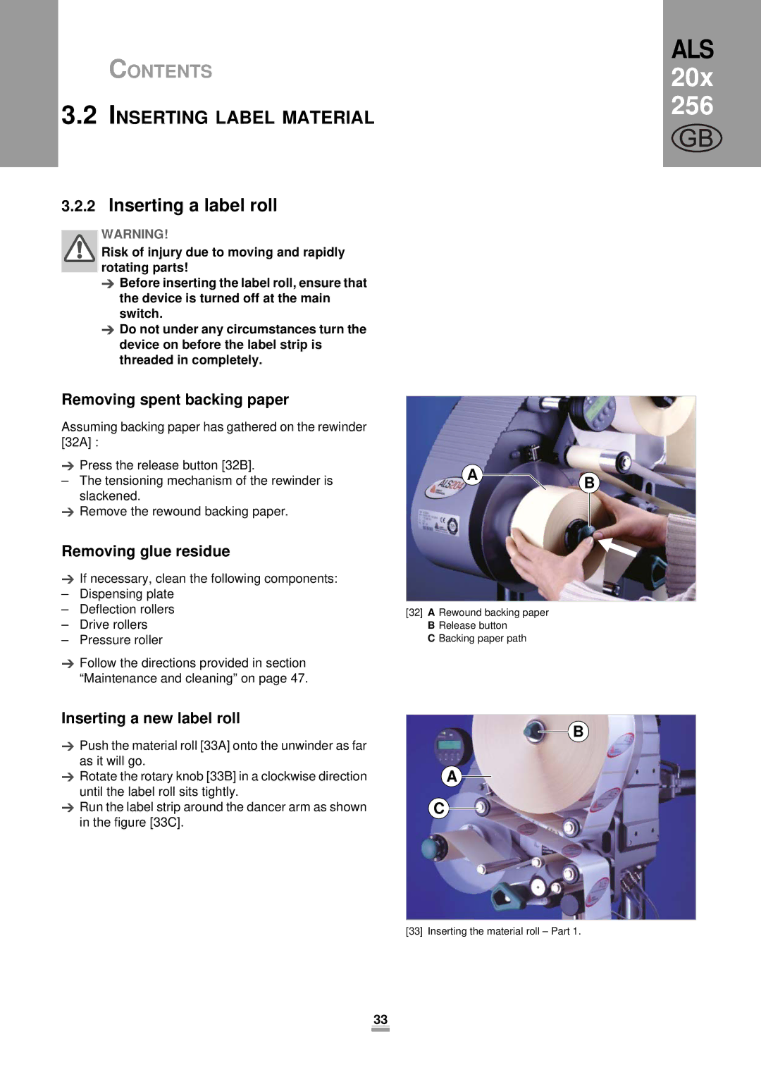 Avery 206, 204, 256 Inserting Label Material, Inserting a label roll, Removing spent backing paper, Removing glue residue 