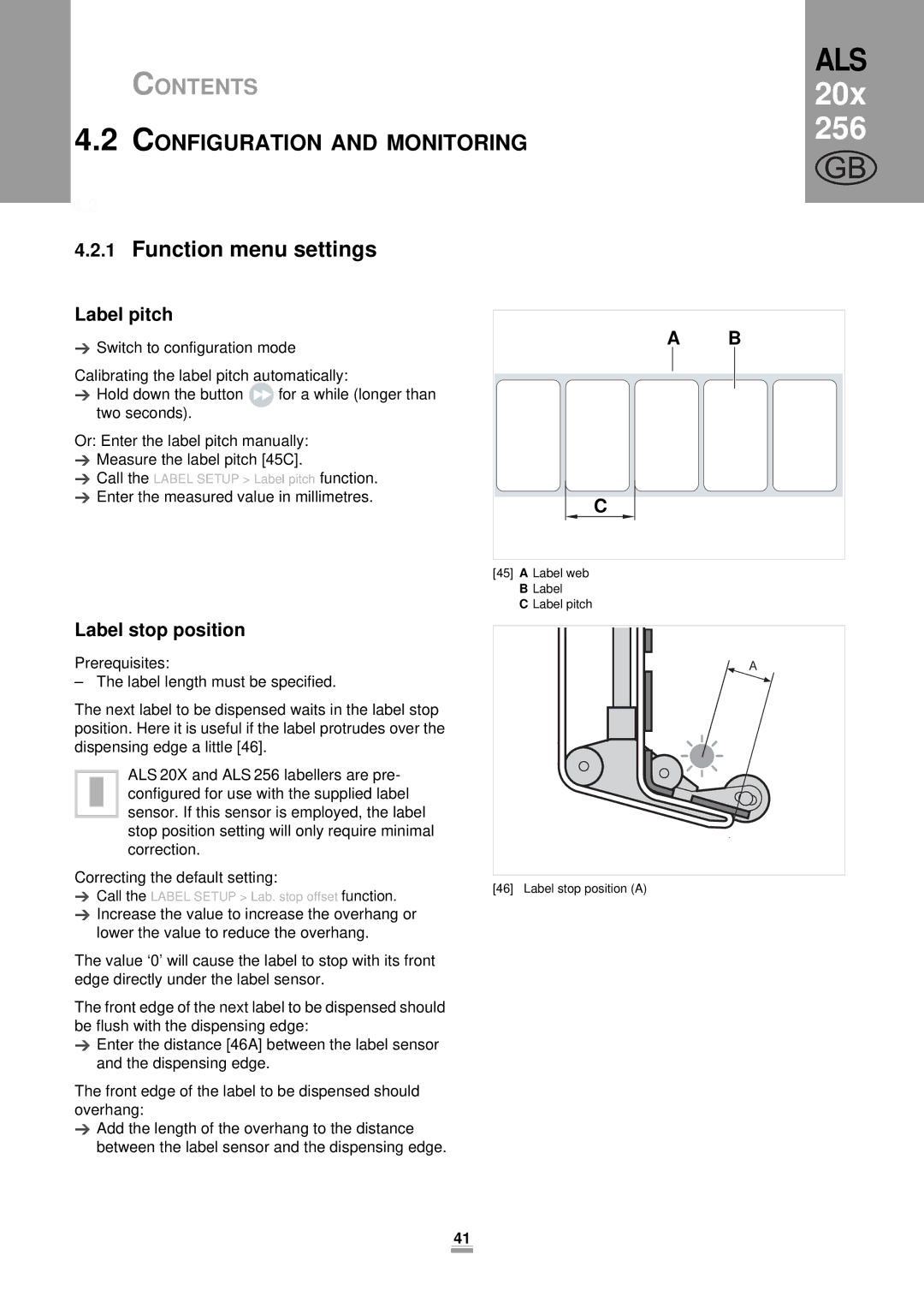 Avery 204, 206, 256 manual Configuration and Monitoring, Function menu settings, Label pitch, Label stop position 