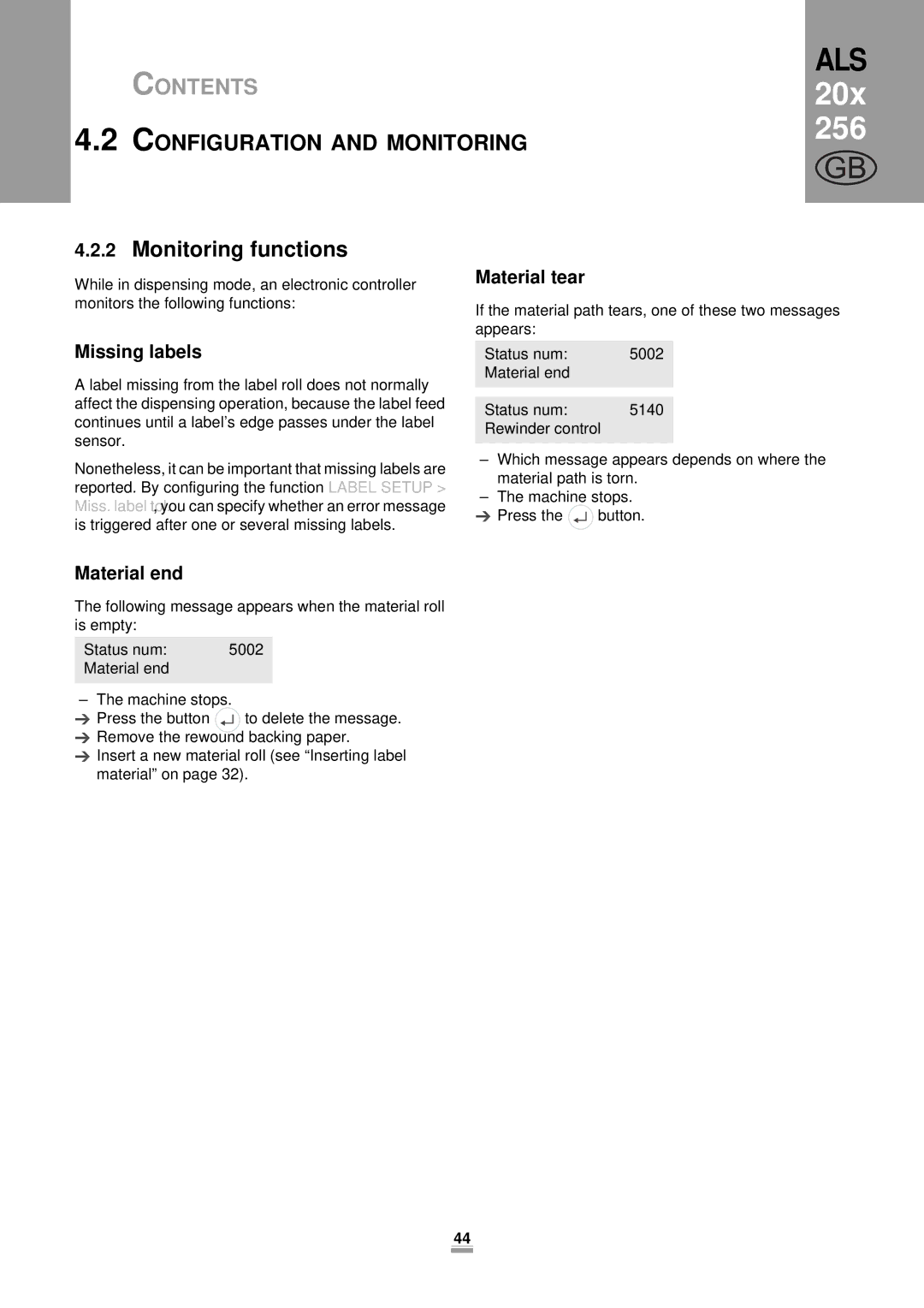 Avery 204, 206, 256 manual Monitoring functions, Material tear, Missing labels, Material end 