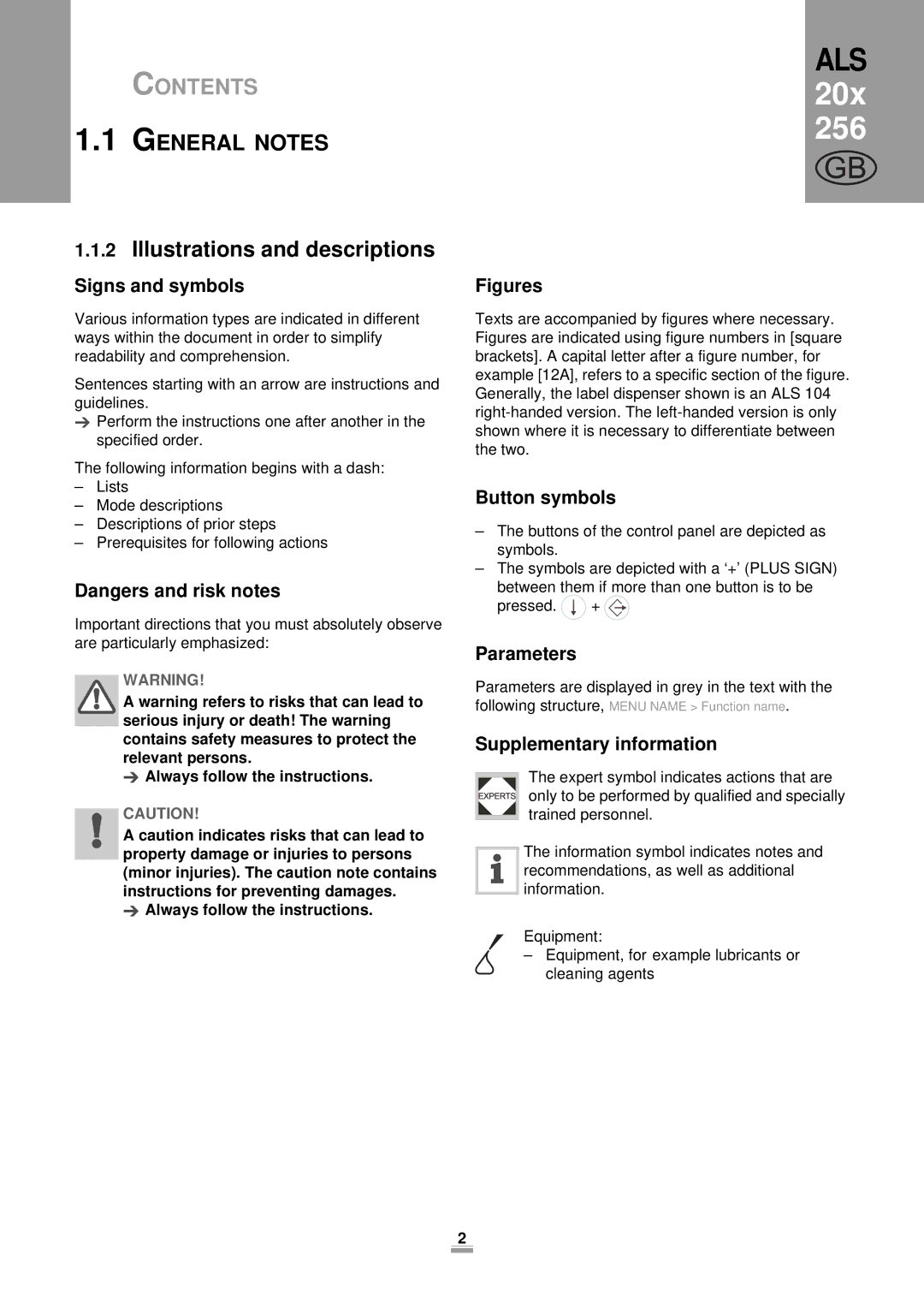 Avery 204, 206 Illustrations and descriptions, Signs and symbols, Button symbols, Parameters, Supplementary information 