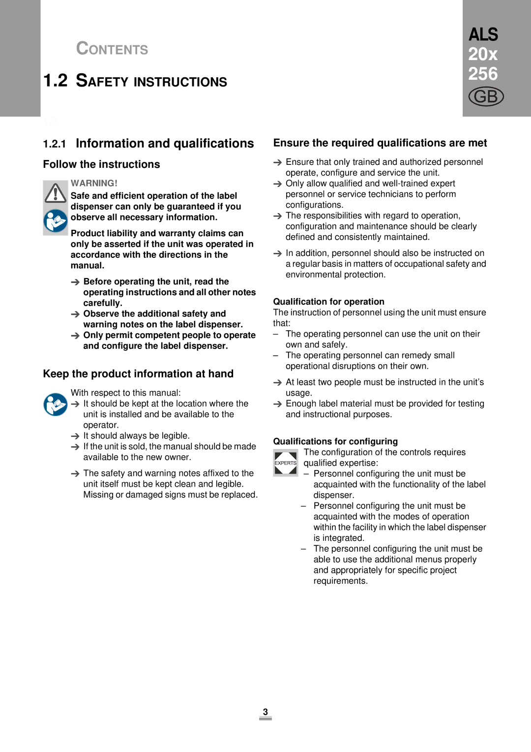 Avery 206, 204, 256 manual Safety Instructions, Information and qualifications, Follow the instructions 