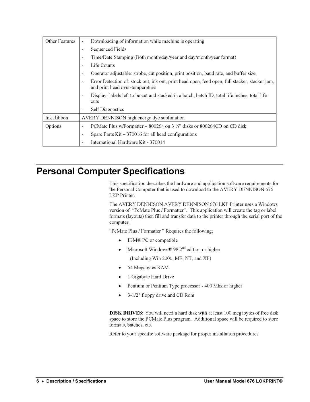 Avery 676 user manual Personal Computer Specifications 