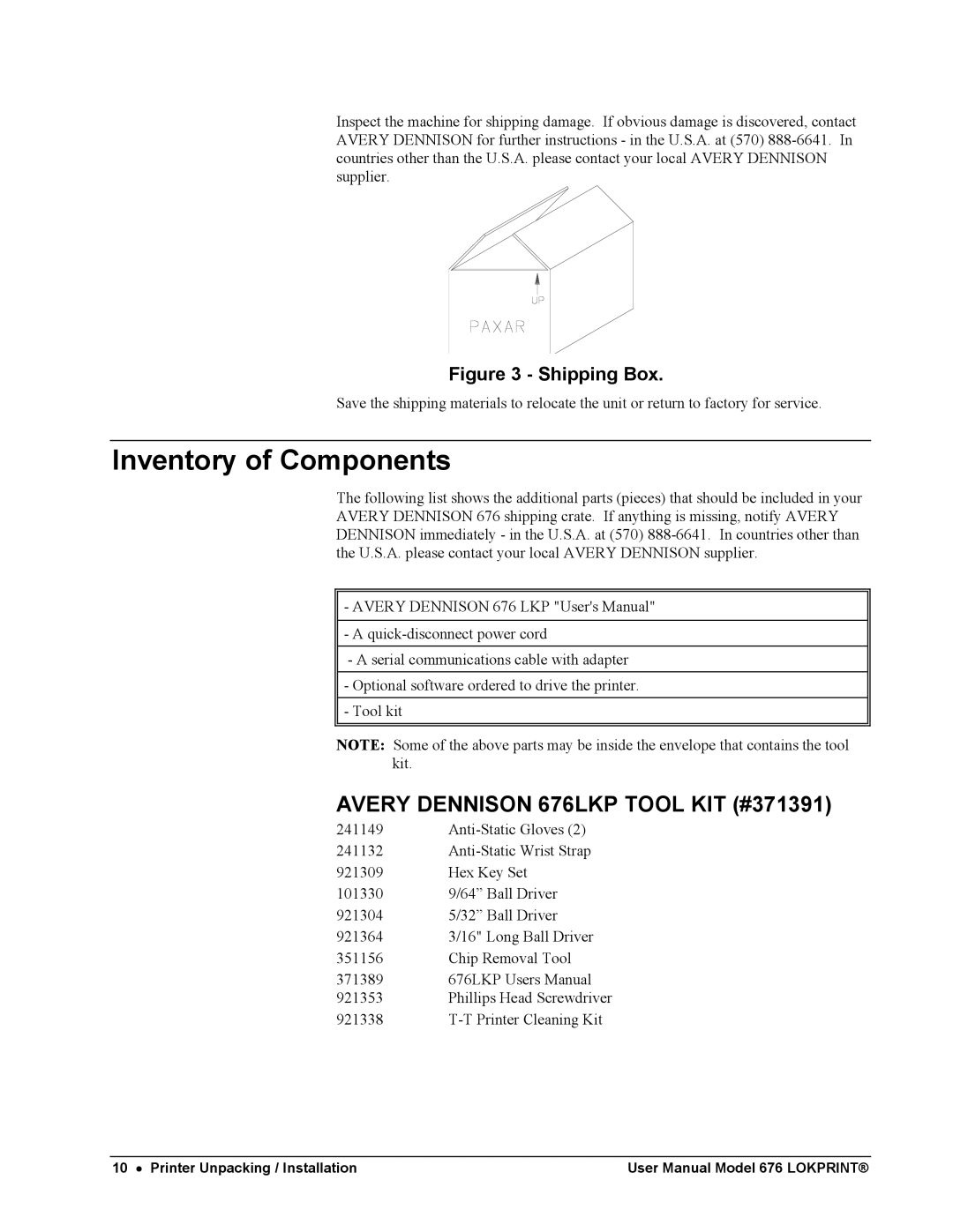 Avery user manual Inventory of Components, Avery Dennison 676LKP Tool KIT #371391 