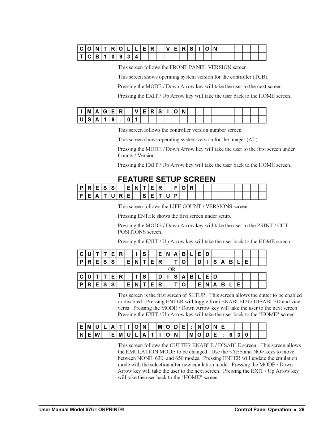 Avery 676 user manual Feature Setup Screen 