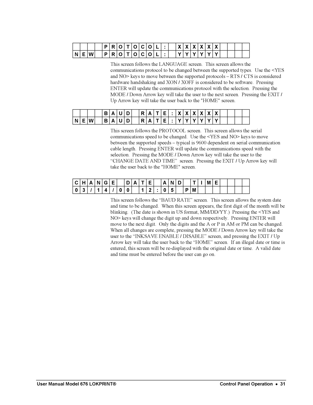 Avery 676 user manual Control Panel Operation 