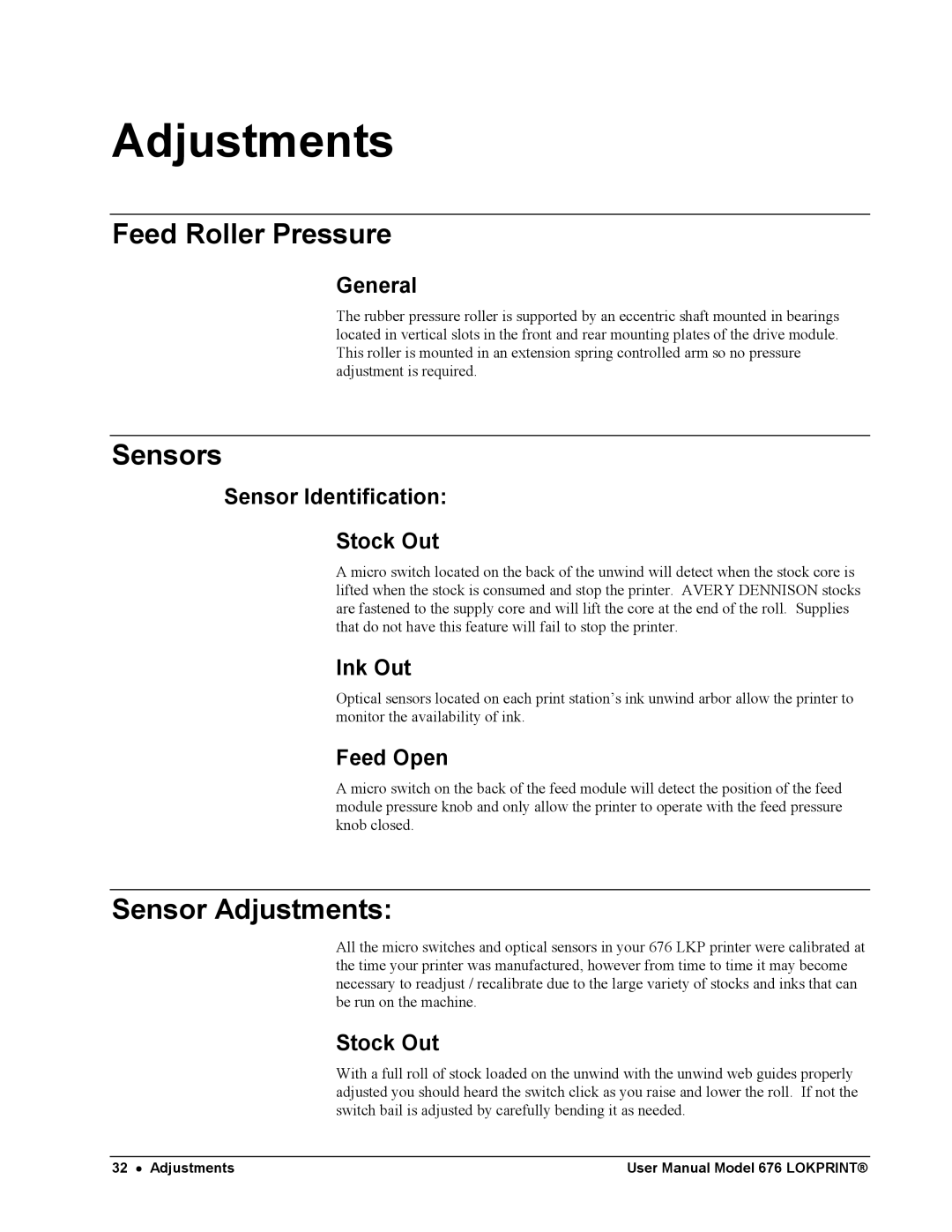 Avery 676 user manual Feed Roller Pressure, Sensors, Sensor Adjustments 