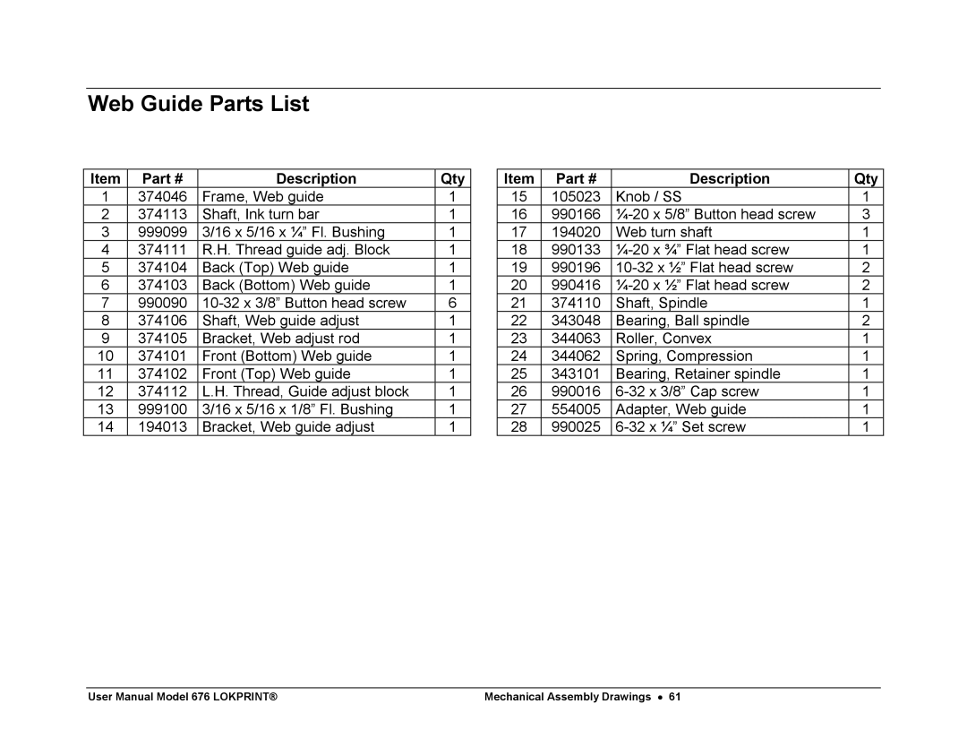 Avery 676 user manual Web Guide Parts List 