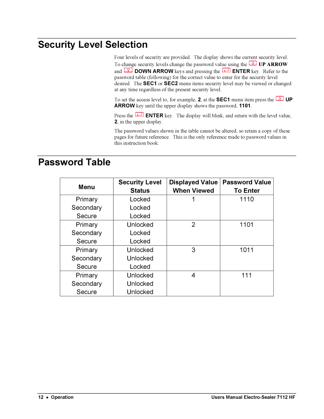 Avery 7112 HF user manual Security Level Selection, Password Table 