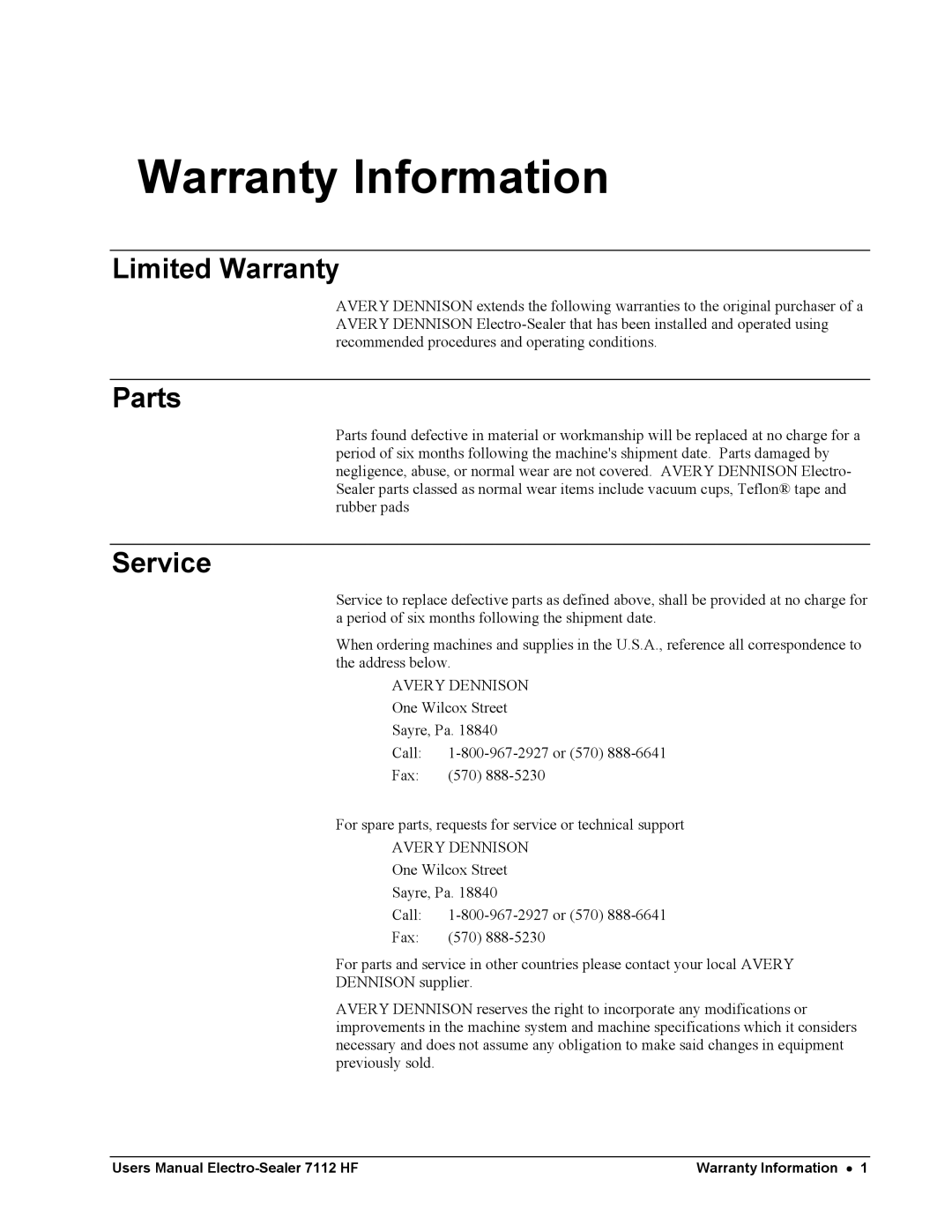 Avery 7112 HF user manual Warranty Information, Limited Warranty, Parts, Service 