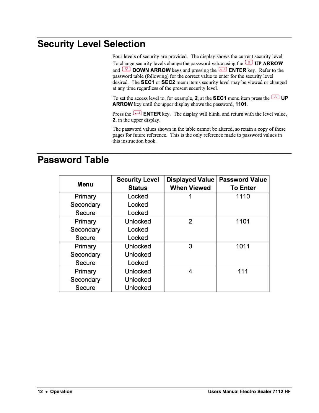 Avery 7112 HF user manual Security Level Selection, Password Table 