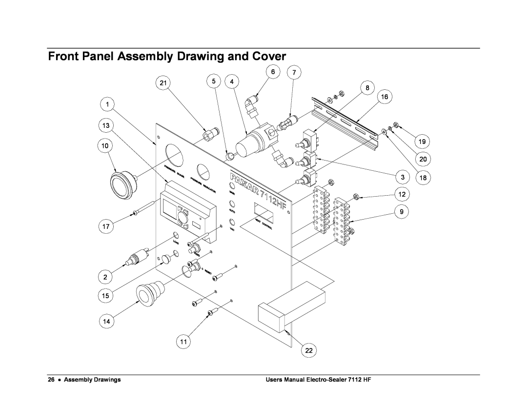 Avery user manual Front Panel Assembly Drawing and Cover, Assembly Drawings, Users Manual Electro-Sealer 7112 HF 