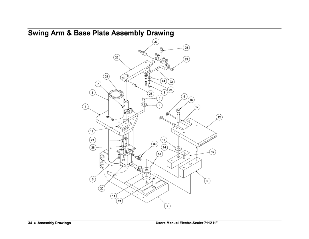 Avery user manual Swing Arm & Base Plate Assembly Drawing, Assembly Drawings, Users Manual Electro-Sealer 7112 HF 
