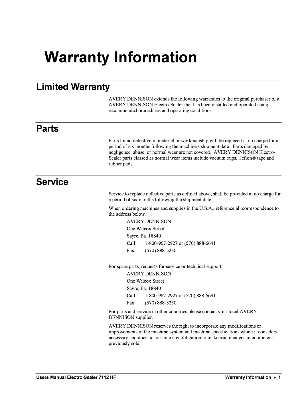 Avery 7112 HF user manual Warranty Information, Limited Warranty, Parts, Service 