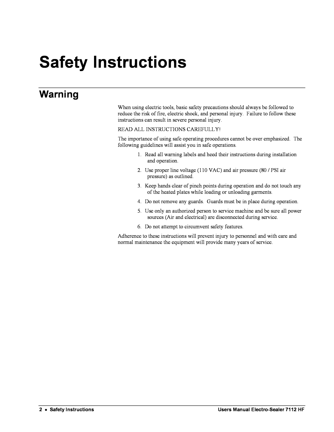 Avery 7112 HF user manual Safety Instructions 