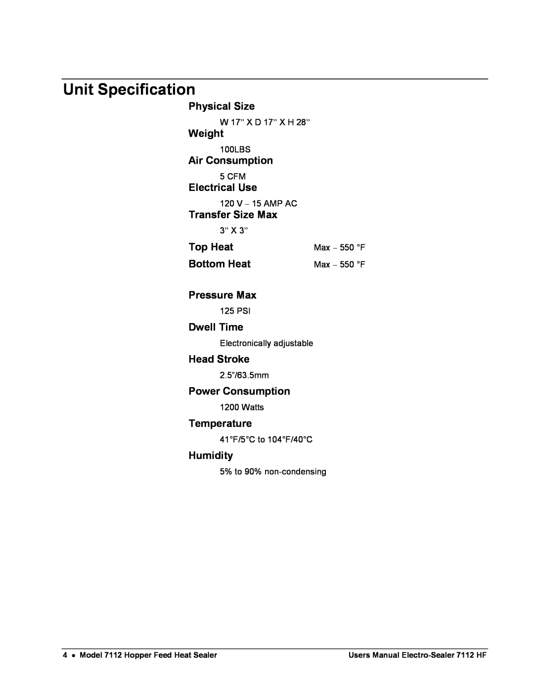 Avery 7112 HF user manual Unit Specification 